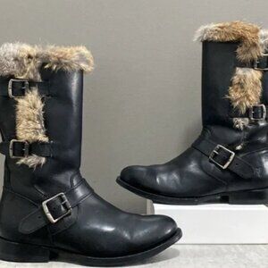 Frye Jamie Luxe Rabbit Fur Black Leather Moto Boots 8.5